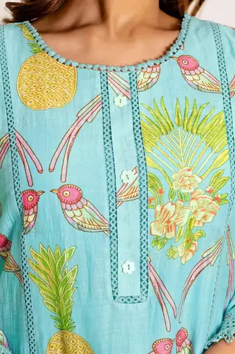 Printed Turquoise Blue Silk Co Ords for Women