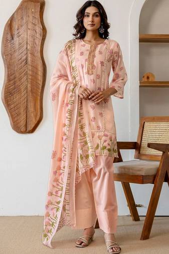 Mirror Work Peach Cotton Straight Kurta With Farshi Salwar Set And Dupatta