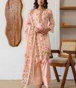 Mirror Work Peach Cotton Straight Kurta With Farshi Salwar Set And Dupatta