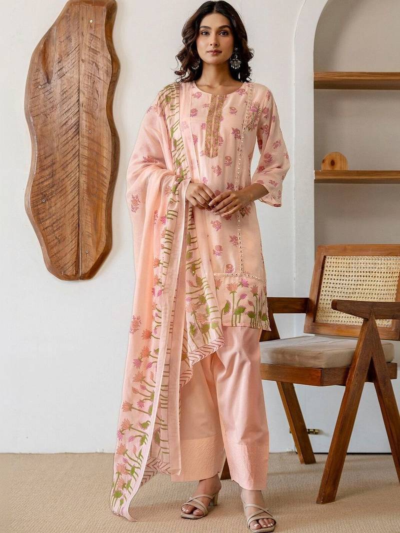 Mirror Work Peach Cotton Straight Kurta With Farshi Salwar Set And Dupatta