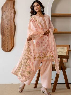 Mirror Work Peach Cotton Straight Kurta With Farshi Salwar Set And Dupatta 3