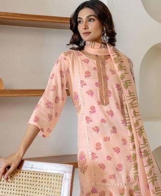 Mirror Work Peach Cotton Straight Kurta With Farshi Salwar Set And Dupatta 4