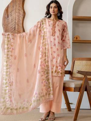 Mirror Work Peach Cotton Straight Kurta With Farshi Salwar Set And Dupatta 5