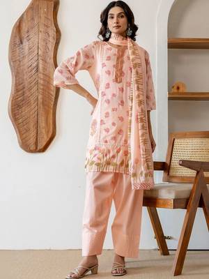 Mirror Work Peach Cotton Straight Kurta With Farshi Salwar Set And Dupatta 6