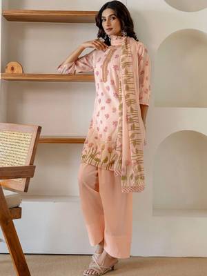 Mirror Work Peach Cotton Straight Kurta With Farshi Salwar Set And Dupatta 7