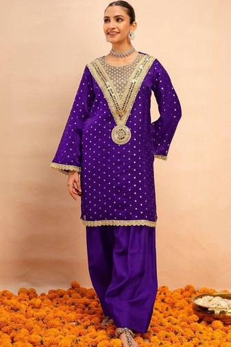 Embroidered Dark Purple Georgette Farsi Salwar Co Ords for Women