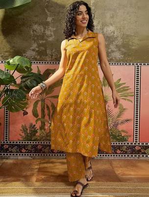 Printed Dark Mustard Viscose Rayon Co Ords for Women 1
