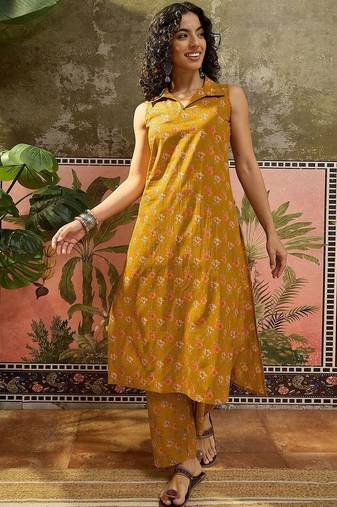 Printed Dark Mustard Viscose Rayon Co Ords for Women
