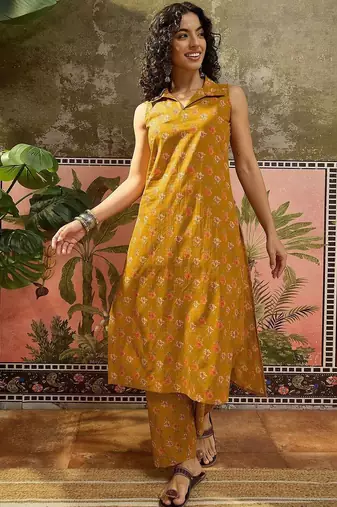 Printed Dark Mustard Viscose Rayon Co Ords for Women