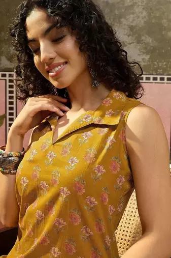 Printed Dark Mustard Viscose Rayon Co Ords for Women