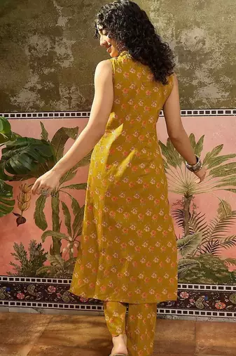 Printed Dark Mustard Viscose Rayon Co Ords for Women