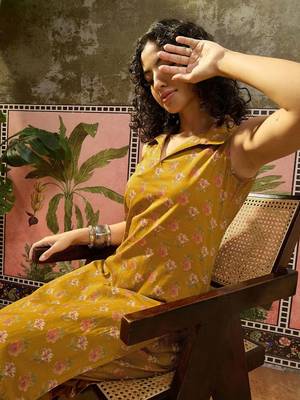 Printed Dark Mustard Viscose Rayon Co Ords for Women 5