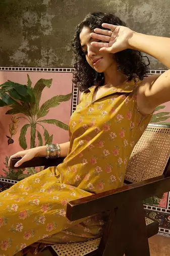 Printed Dark Mustard Viscose Rayon Co Ords for Women
