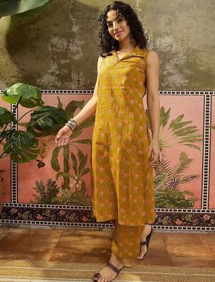 Printed Dark Mustard Viscose Rayon Co Ords for Women 6