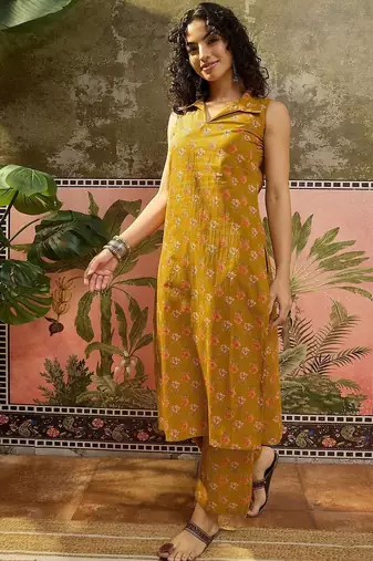 Printed Dark Mustard Viscose Rayon Co Ords for Women