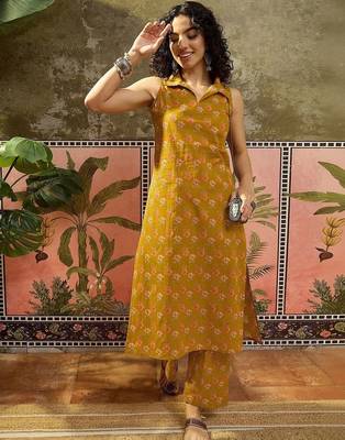 Printed Dark Mustard Viscose Rayon Co Ords for Women 7