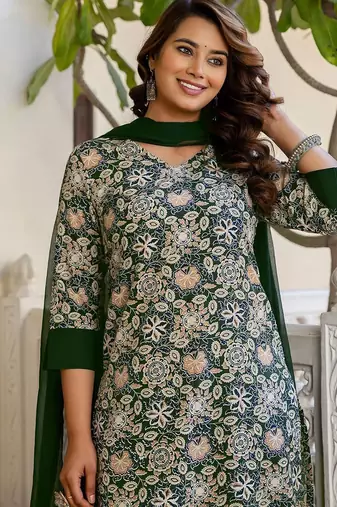 Floral Printed V-Neck Straight Kurta With Trousers & Dupatta