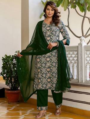 Floral Printed V-Neck Straight Kurta With Trousers & Dupatta 1