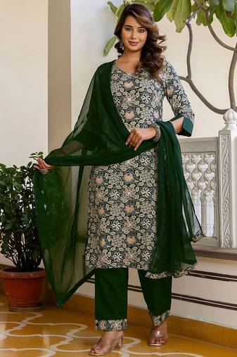 Floral Printed V-Neck Straight Kurta With Trousers & Dupatta