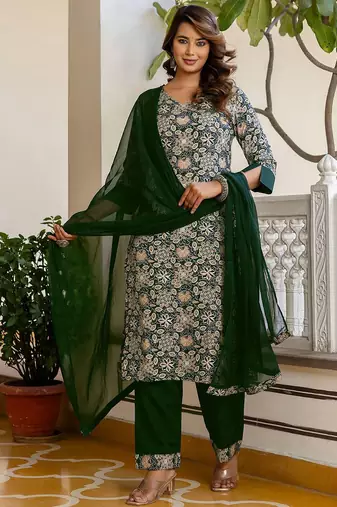 Floral Printed V-Neck Straight Kurta With Trousers & Dupatta