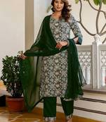 Floral Printed V-Neck Straight Kurta With Trousers & Dupatta