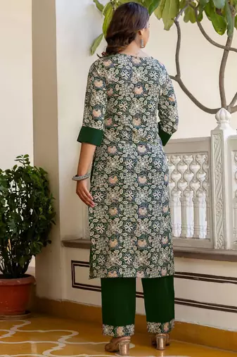 Floral Printed V-Neck Straight Kurta With Trousers & Dupatta