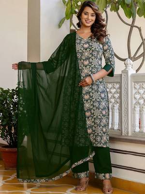 Floral Printed V-Neck Straight Kurta With Trousers & Dupatta 4