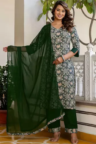 Floral Printed V-Neck Straight Kurta With Trousers & Dupatta