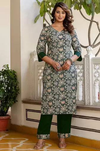 Floral Printed V-Neck Straight Kurta With Trousers & Dupatta
