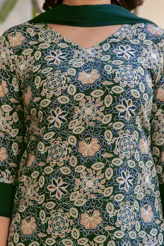 Floral Printed V-Neck Straight Kurta With Trousers & Dupatta