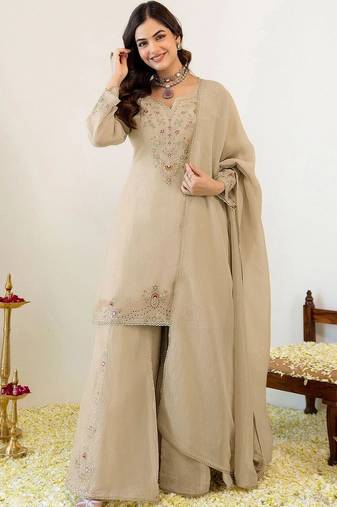Women Ethnic Motifs Embroidered Regular Thread Work Kurta with Sharara & With Dupatta