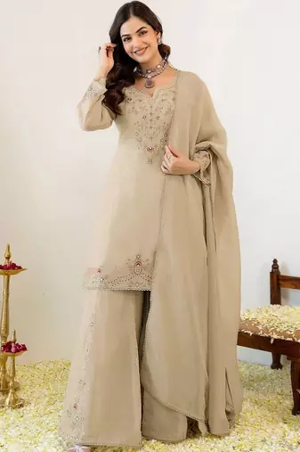 Women Ethnic Motifs Embroidered Regular Thread Work Kurta with Sharara & With Dupatta