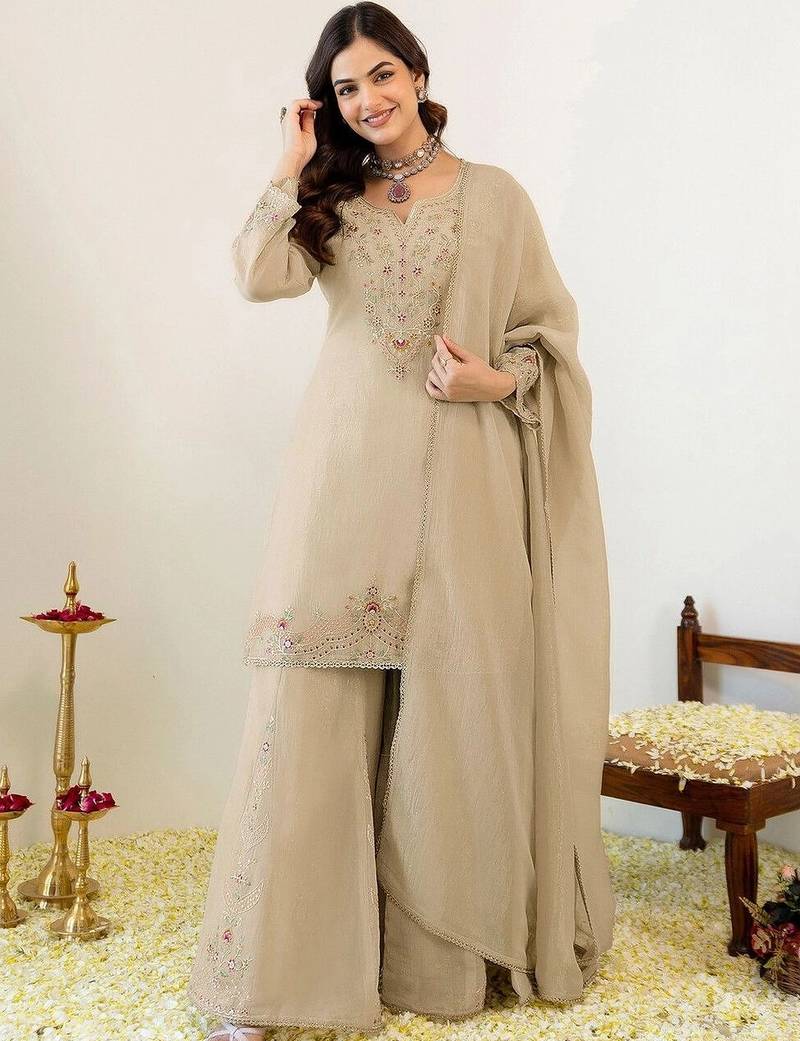 Women Ethnic Motifs Embroidered Regular Thread Work Kurta with Sharara & With Dupatta