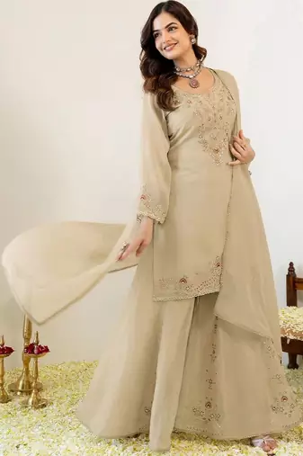 Women Ethnic Motifs Embroidered Regular Thread Work Kurta with Sharara & With Dupatta