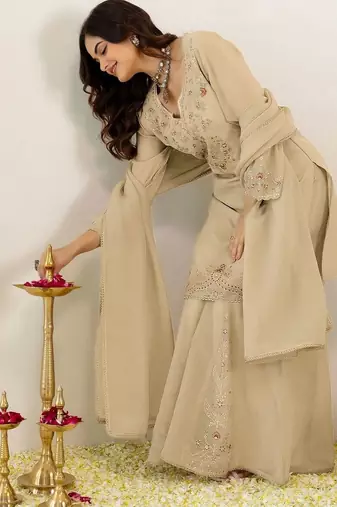 Women Ethnic Motifs Embroidered Regular Thread Work Kurta with Sharara & With Dupatta