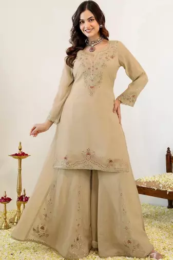Women Ethnic Motifs Embroidered Regular Thread Work Kurta with Sharara & With Dupatta