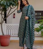 Floral Printed Notch Neck Straight Kurta With Trousers & Dupatta