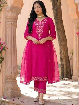 Women Ethnic Motifs Embroidered Regular Thread Work Kurta with Trousers & With Dupatta 1