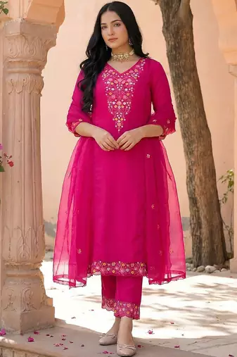 Women Ethnic Motifs Embroidered Regular Thread Work Kurta with Trousers & With Dupatta