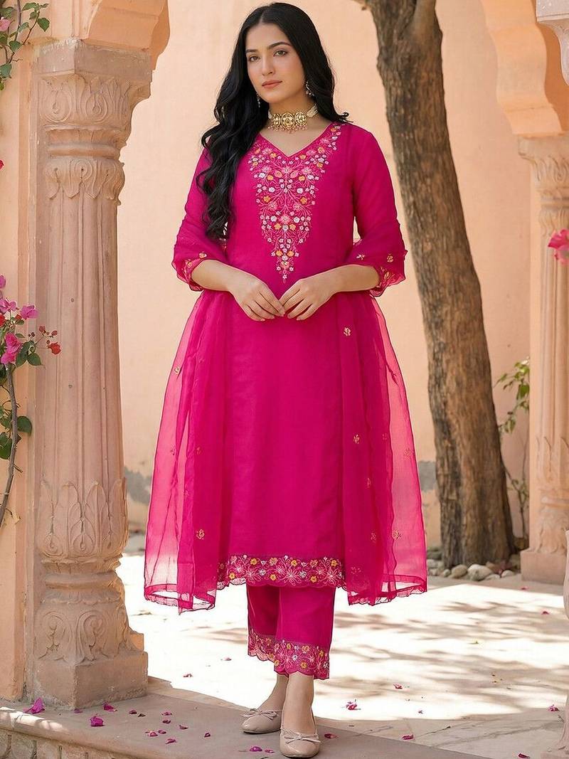 Women Ethnic Motifs Embroidered Regular Thread Work Kurta with Trousers & With Dupatta