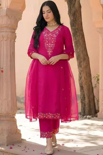 Women Ethnic Motifs Embroidered Regular Thread Work Kurta with Trousers & With Dupatta