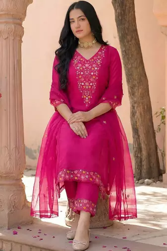 Women Ethnic Motifs Embroidered Regular Thread Work Kurta with Trousers & With Dupatta