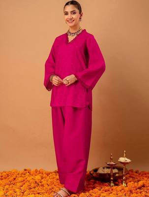 Stone Work Rani Pink Silk Blend Farsi Salwar Co Ords for Women 1