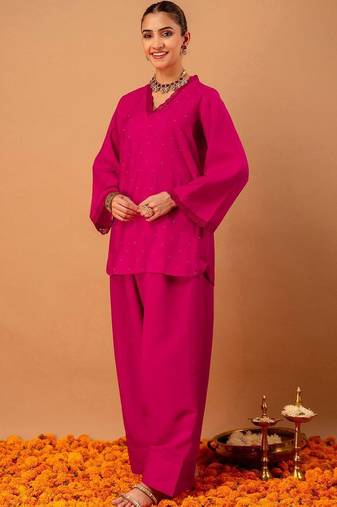 Stone Work Rani Pink Silk Blend Farsi Salwar Co Ords for Women