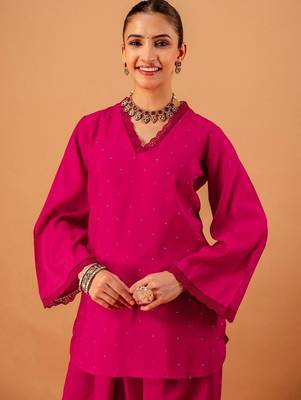Stone Work Rani Pink Silk Blend Farsi Salwar Co Ords for Women 3
