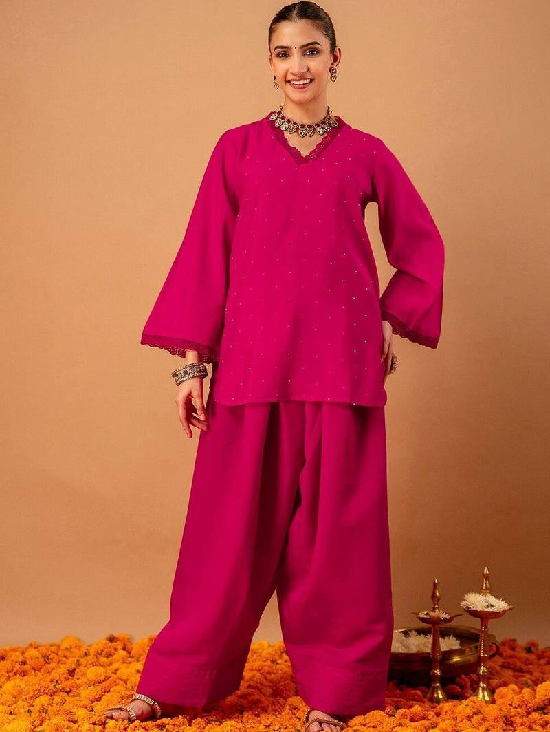 Stone Work Rani Pink Silk Blend Farsi Salwar Co Ords for Women