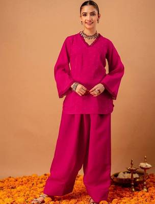 Stone Work Rani Pink Silk Blend Farsi Salwar Co Ords for Women 6