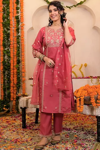 Women Ethnic Motifs Embroidered Thread Work Kurta & Trousers With Dupatta