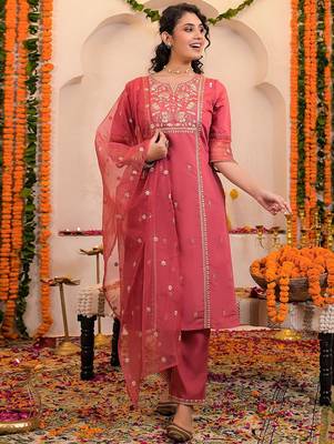 Women Ethnic Motifs Embroidered Thread Work Kurta & Trousers With Dupatta 6