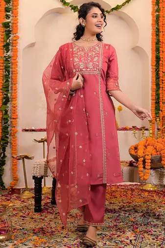 Women Ethnic Motifs Embroidered Thread Work Kurta & Trousers With Dupatta